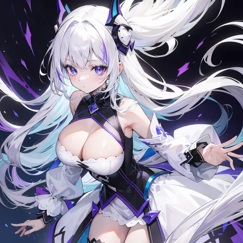 (white color hair，long whitr hair)，Expose cleavage，A dress that mixes black, blue, and purple colors，HighestQuali，8K，B cup，