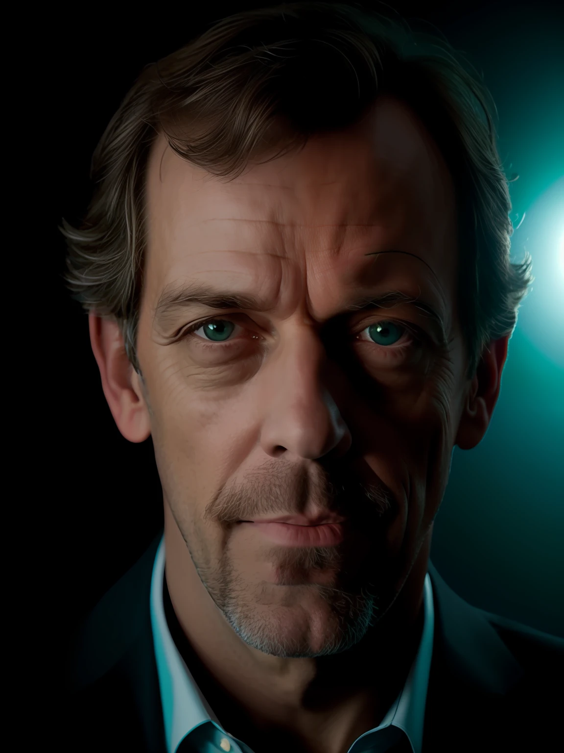 Retrato em close-up de uma foto premiada de Hugh Laurie posando em um estúdio, (iluminação de aro,:1.4) iluminação de dois tons, foco nítido, Tom, Teal, octano, irreal, mal iluminado, discreto,