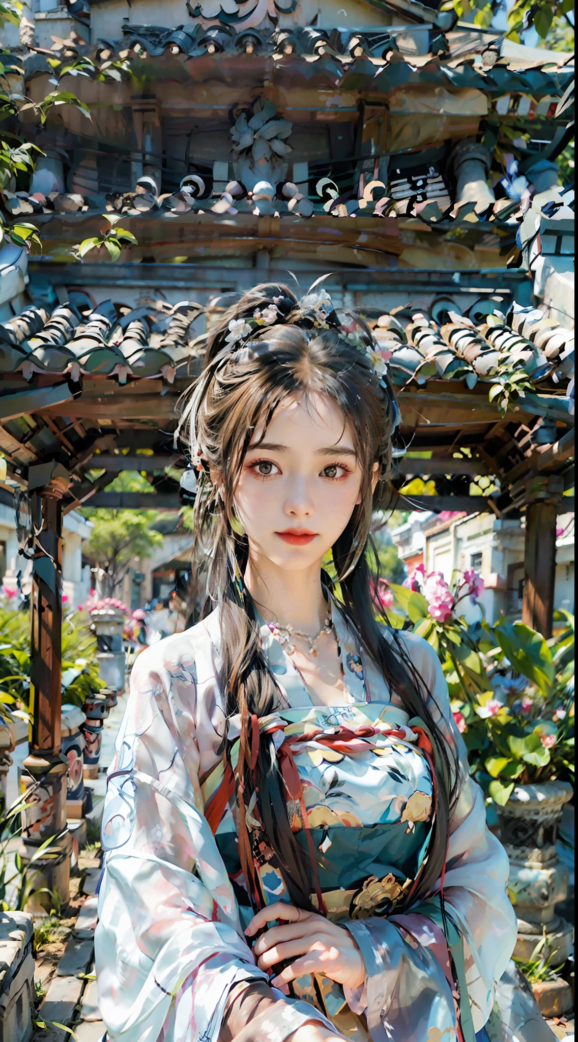 ulzang-6500-v1.1,(RAW photo:1.2), (Photorealistic:1.4), Beautiful Meticulous Girl, （（Yang beyond 1.5）），very detailed eyes and faces, Beautiful detailed eyes,  Wearing Hanfu, Lotus leaf, Best quality, Master, (full bodyesbian:1), A high resolution, Pretty face, Hair accessories, (huge boob: 1.8) (Solo:1), view the viewer, Lips, Lilac line dress, heal order, necklace, jewelry, (ridiculous long hair: 1.4), Earrings, Smooth Hanfu, architecture, east asian architecture, White silk Hanfu, ( Realism:1.5), Super high resolution, Best quality, Shameful blush, Hairline, Arms behind, (Expressive hair:1.4) ,Perfect body proportions, ,Albino mother,{{{Mature female}}},White porcelain dress,Light smile,One beatitude,Yuzu,High heels