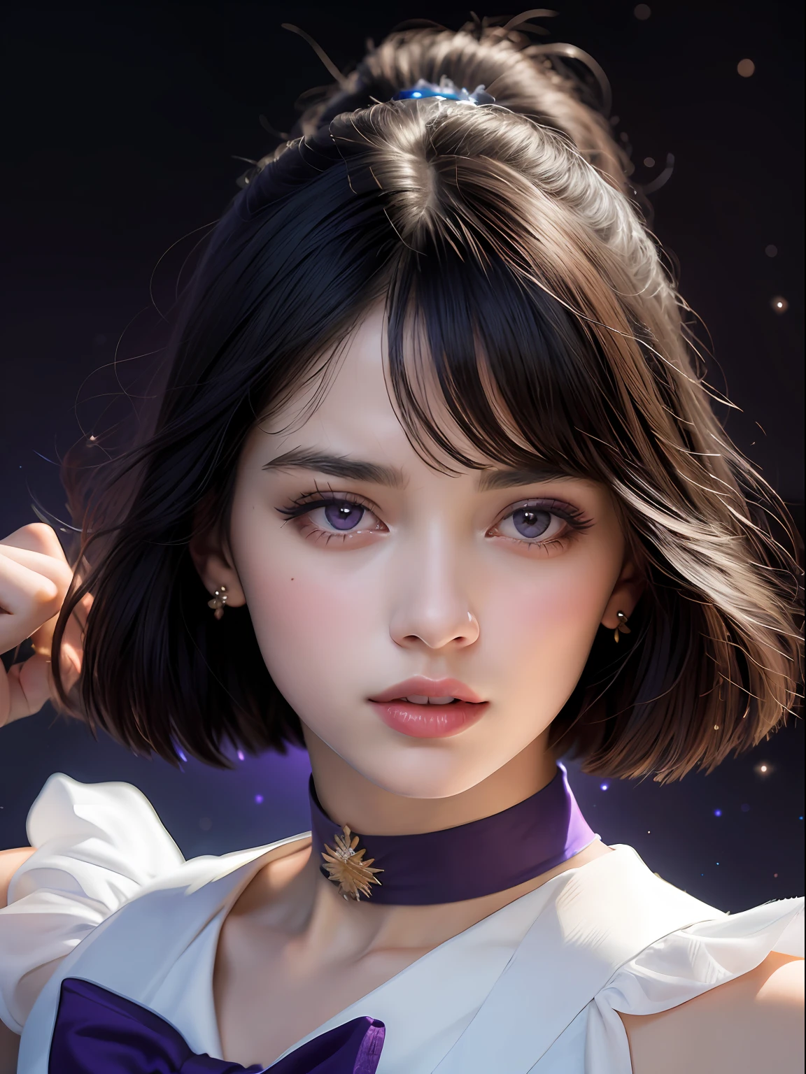 (masterpiece, best quality:1.4), (nebula background), (fighting pose:1.5), 1girl, solo, (european youth:1), sailor saturn, tiara, sailor senshi uniform, purple sailor collar, pleated skirt, elbow gloves, jewelry, brooch, choker, short black hair, (purple eyes:1.5), beautiful face, highly detailed face, highly detailed eyes, highly detailed skin, skin pores, subsurface scattering, realistic pupils, full face blush, full lips, detailed background, depth of field, volumetric lighting, sharp focus, absurdres, realistic proportions, good anatomy, (realistic, hyperrealistic:1.4), 16k hdr,