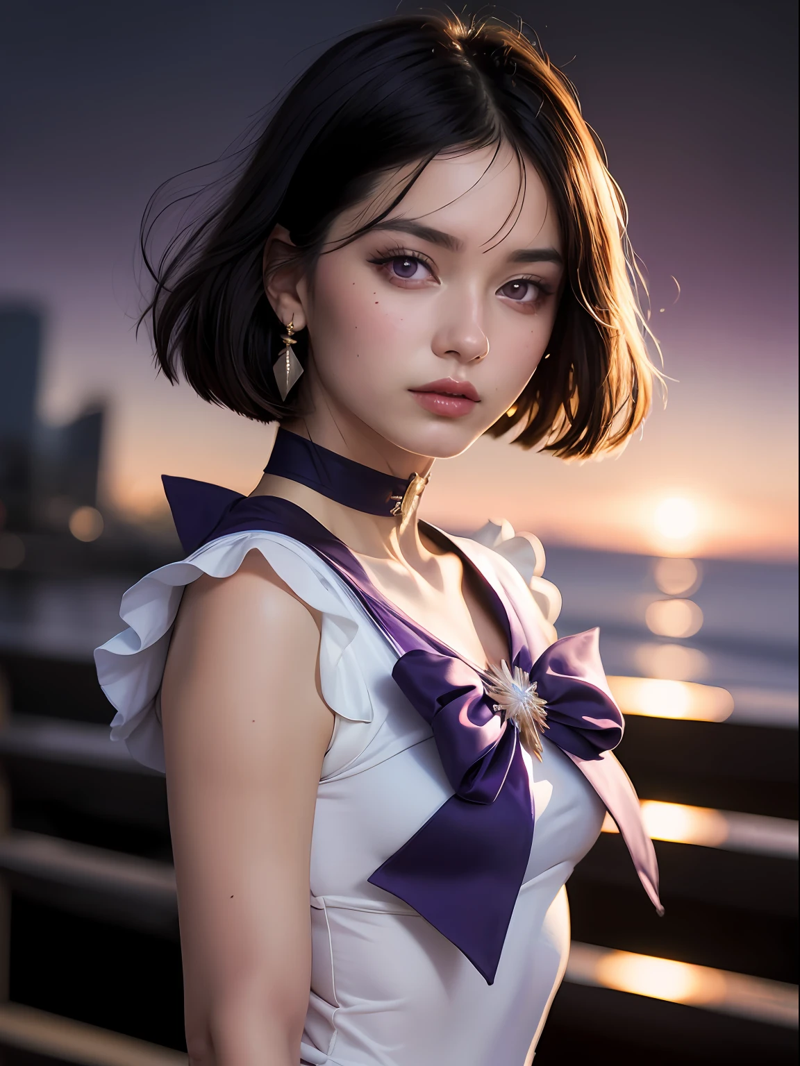 (masterpiece, best quality:1.4), (nebula background), (upper body:1.5), (fighting pose :1.5), 1girl, solo, (european youth:1), sailor saturn, tiara, sailor senshi uniform, purple sailor collar, pleated skirt, elbow gloves, jewelry, brooch, choker, short black hair, (purple eyes:1.5), beautiful face, highly detailed face, highly detailed eyes, highly detailed skin, skin pores, subsurface scattering, realistic pupils, full face blush, full lips, detailed background, depth of field, volumetric lighting, sharp focus, absurdres, realistic proportions, good anatomy, (realistic, hyperrealistic:1.4), 16k hdr,