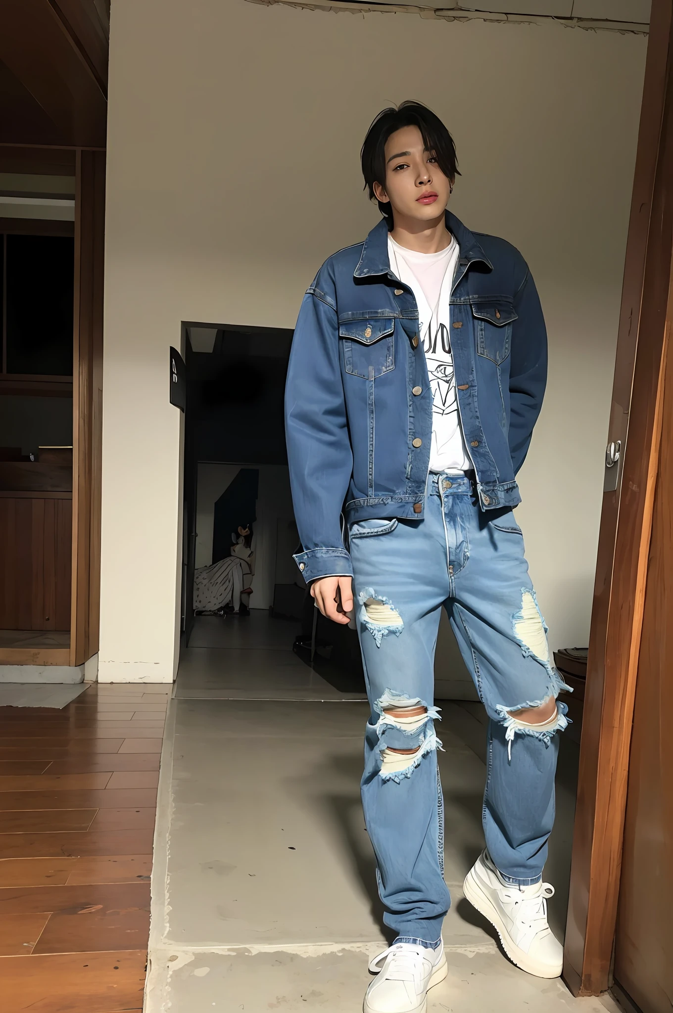 un chico coreano , usando jeans rotos, pantalones rotos