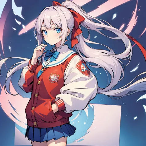 masterpiece, best quality, highres, 1girl amikura ponytail hair ribbon, school uniform white skirt red jacket blue shirt blue bo...
