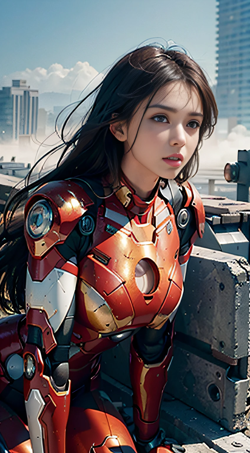 RAW, Masterpiece, Ultra Fine Photo,, Best Quality, Ultra High Resolution, Photorealistic, Sunlight, Full Body Portrait, Stunningly Beautiful,, Dynamic Poses, Delicate Face, Vibrant Eyes, (Side View) , she is wearing a futuristic Iron Man mech, red and gold color scheme, highly detailed abandoned warehouse background, detailed face, detailed and complex busy background, messy, gorgeous, milky white, high detailed skin, realistic skin details, visible pores , sharp focus, volumetric fog, 8k uhd, dslr camera, high quality, film grain, fair skin, photorealism, lomography, sprawling metropolis in futuristic dystopia, view from below, translucent