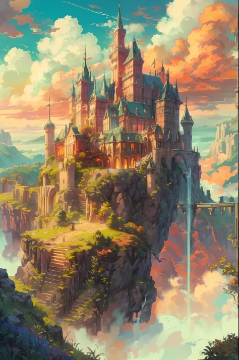 "A majestic castle floating on a sky island, reminiscent of an England-style fortress, suspended above fluffy clouds, basking in the warm glow of the sun, radiating vibrant colors. Masterpiece."