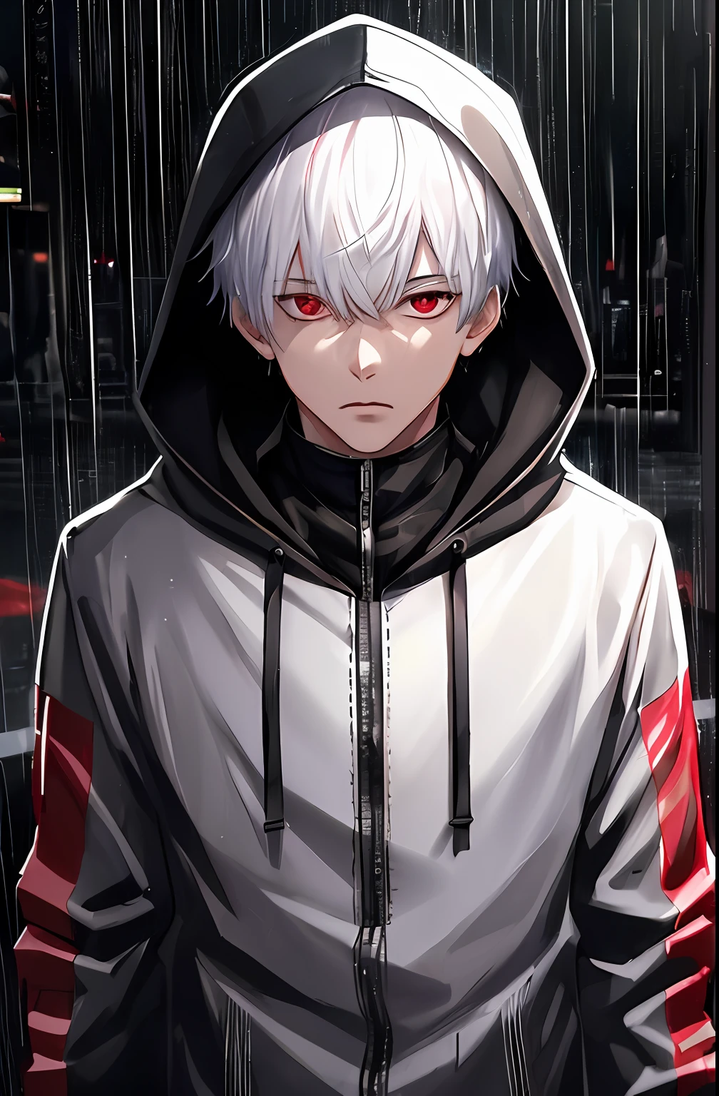 kk, best quality, more details, masterpiece, 1boy, kaneki ken, portrait, male focus, red eyes, solo, bangs, looking at viewer, hood, short hair, rain, tokyo tokyo \(city\),  hood up, nail polish, white hair, luxurious, 8k, detailed, ray tracing, depth of field, cinematic lighting,