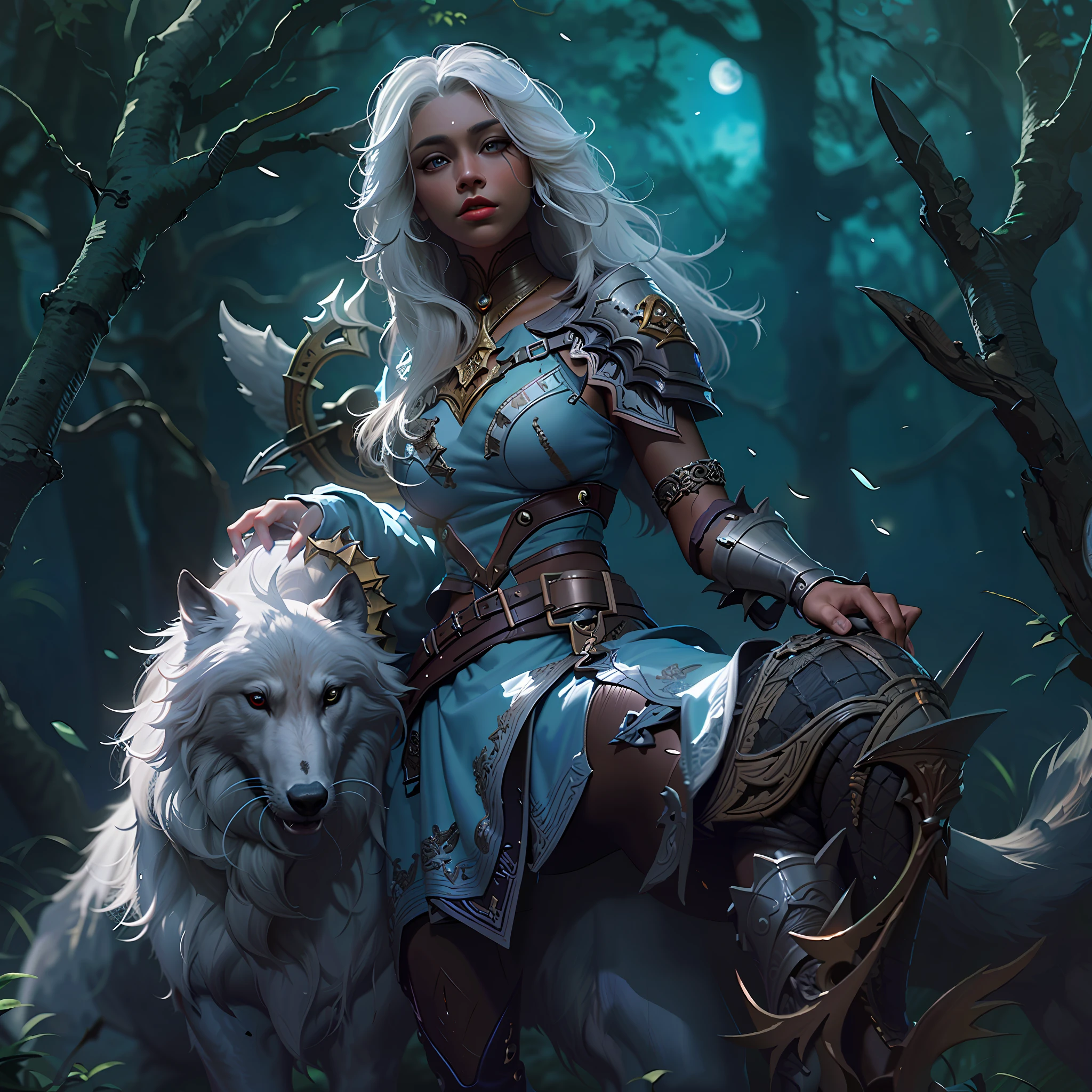 high details, best quality, 8k, [ultra detailed], masterpiece, best quality, (extremely detailed), dynamic angle, ultra wide shot, RAW, photorealistic, fantasy art, dnd art, rpg art, realistic art, a wide angle picture of an epic female drow ranger and her pet wolf,  warrior of nature, fighter of nature, full body, [[anatomically correct]] full body (1.5 intricate details, Masterpiece, best quality) talking to am epic wolf (1.6 intricate details, Masterpiece, best quality) armed with an epic magical sword  (1.5 intricate details, Masterpiece, best quality) epic magical sword, glowing in blue light. in dark forest (1.5 intricate details, Masterpiece, best quality), a female beautiful epic drow wearing leather armor (1.4 intricate details, Masterpiece, best quality), leather boots, thick hair, long hair, white hair, black skin intense eyes, forest  background (intense details), moon light, stars light, clouds (1.4 intricate details, Masterpiece, best quality), dynamic angle, (1.4 intricate details, Masterpiece, best quality) 3D rendering, high details, best quality, highres, ultra wide angle