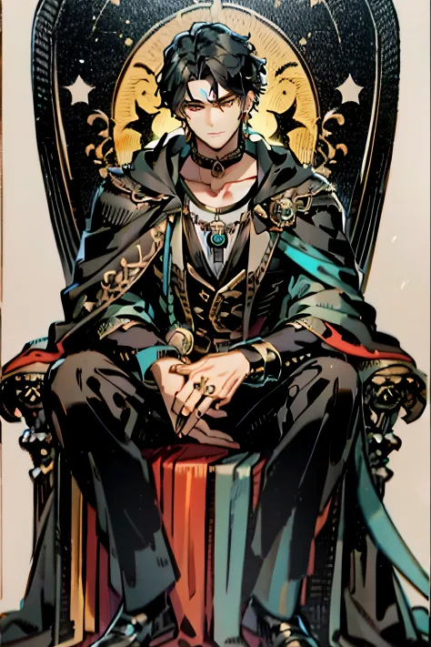 with black curled hair，Close-up of a person sitting in a chair with a moon, Beautiful androgynous prince, casimir art, sitting in a gilded throne, sitting on intricate throne, sat in his throne, highly detailed exquisite fanart, Seated on an ornate throne,...