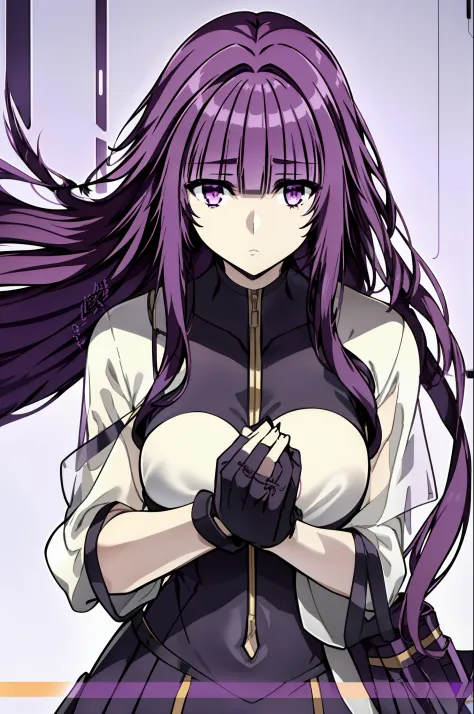 1girl, bangs, blunt_bangs, breasts, cover, c covered_navel, eyebrows_visible_through_hair, fake_cover, gloves, holding, long_hai...