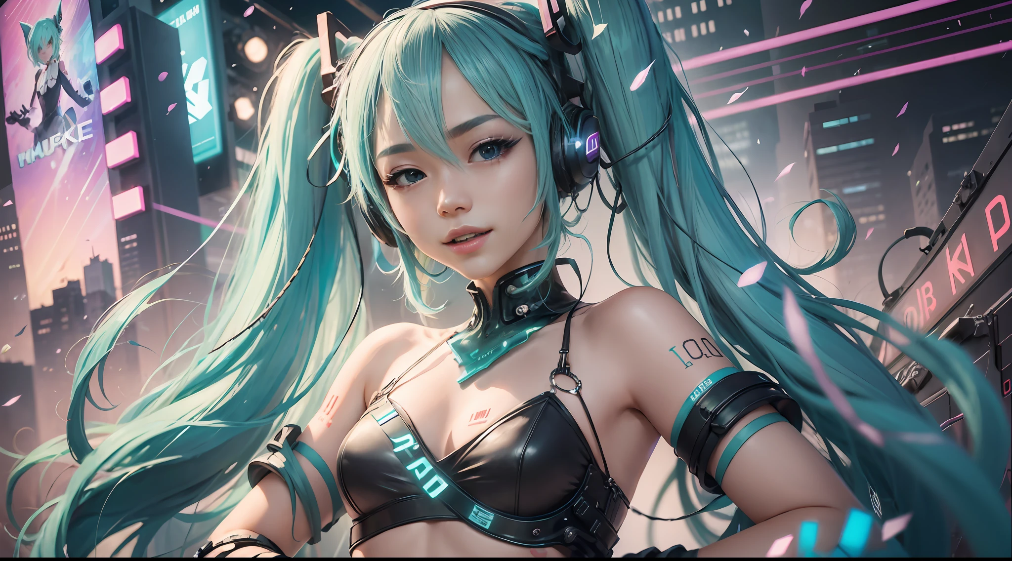 Hatsune Miku ฟังเพลงและเต้นรํา，ศิลปะอย่างเป็นทางการ，วอลล์เปเปอร์ความสามัคคี 8k，ละเอียดมาก，ความงามและความสวยงาม，ผลงานชิ้นเอก，คุณภาพที่ดีที่สุด，ตัวละครเป็นศูนย์กลาง，องค์ประกอบทางดนตรี，ตัวตนของไซเบอร์พังค์，รายละเอียดใบหน้าเป็นจริง，（ยิ้ม：0.7）