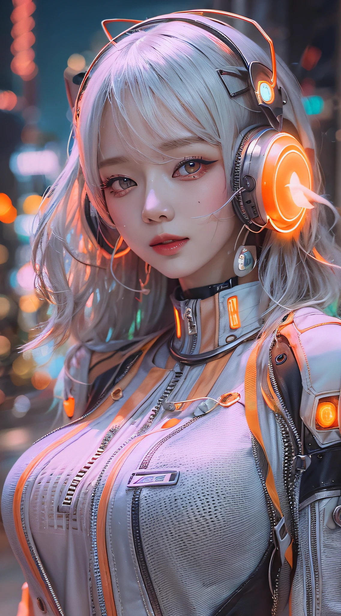 1 girl, Chinese_clothes, liquid silver and orange, cyberhan, cheongsam, cyberpunk city, dynamic pose, detailed luminous headphones, glowing hair accessories, long hair, glowing earrings, glowing necklace, cyberpunk, high-tech city, full of mechanical and futuristic elements, futuristic, technology, glowing neon, orange, orange light, transparent tulle, transparent streamers, laser, digital background urban sky, big moon, with vehicles, best quality, masterpiece, 8K, character edge light, Super high detail, high quality, the most beautiful woman in human beings, micro smile, face facing front and left and right symmetry, ear decoration, beautiful pupils, light effects, visual data, silver white hair, super detail facial texture