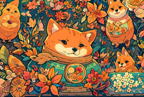 a cute shiba inu，wearing clothes in the shape of oranges,flowers and birds next to it, fantasy，whimsically，the sunset，autumn hig...