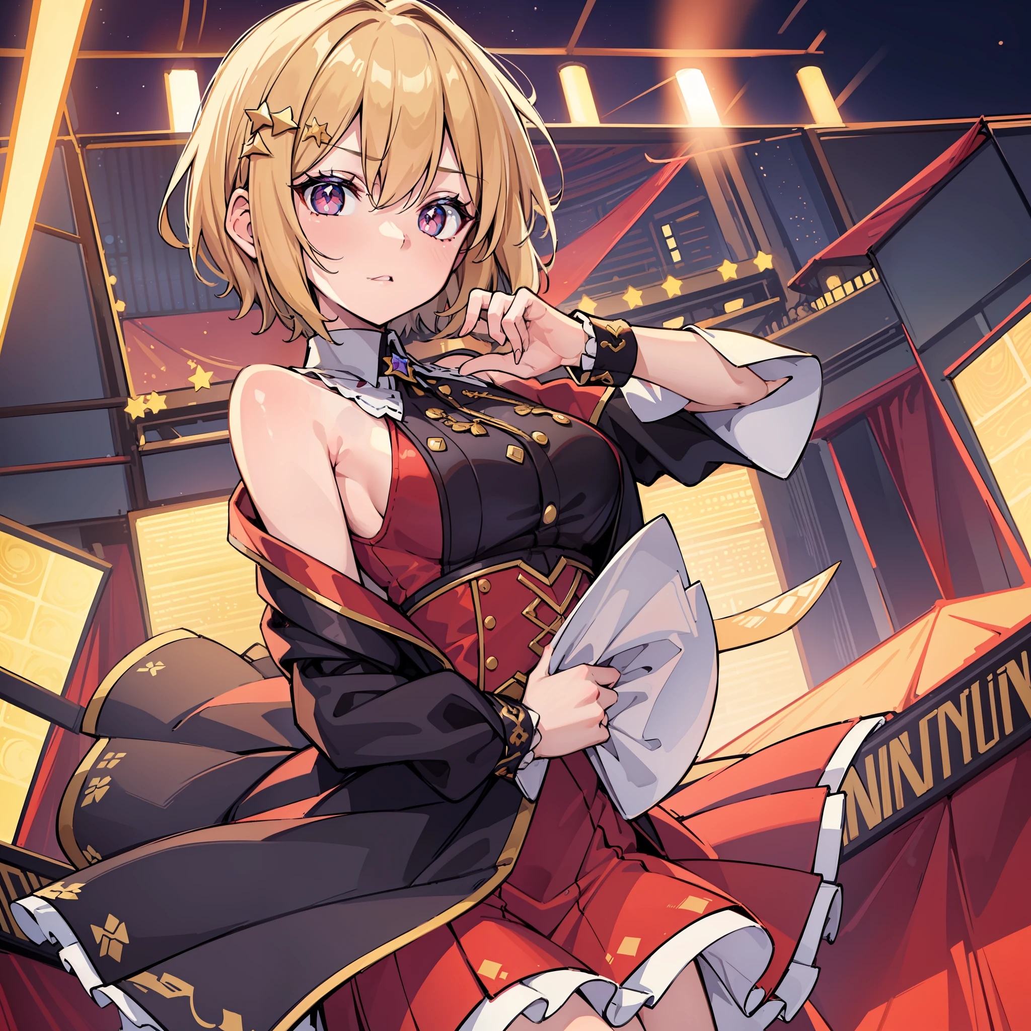 best quality, 4k, ((masterpiece)), extremely detailed, 8k, Hoshino, High Detail, Sharp focus, 1girl, solo, short hair, short-beige colored hair, crimson eyes, ((detailed eyes)), having a well-endowed figure, star-shaped pupils, hair ornament, idol, on stage