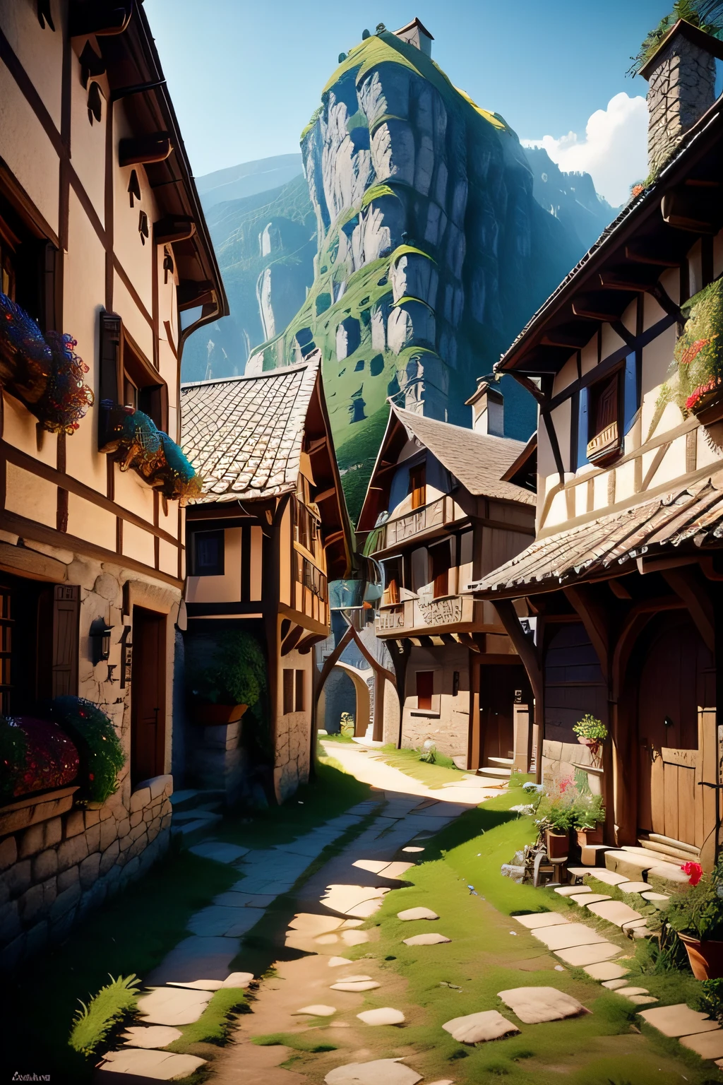 Há uma pequena aldeia com um monte de casas na colina, vila medieval, Aldeia na Mata, Cidade da fantasia de Medeival, cenário de cidade de fantasia, arte do jogo de fantasia medieval, cidade medieval, uma pequena vila medieval, vila pitoresca, paisagem medieval da cidade, cidade medieval, Renderização de fantasia realista, Aldeias ， motor irreal, Fenda, arte conceitual medieval, Cidade da Fantasia