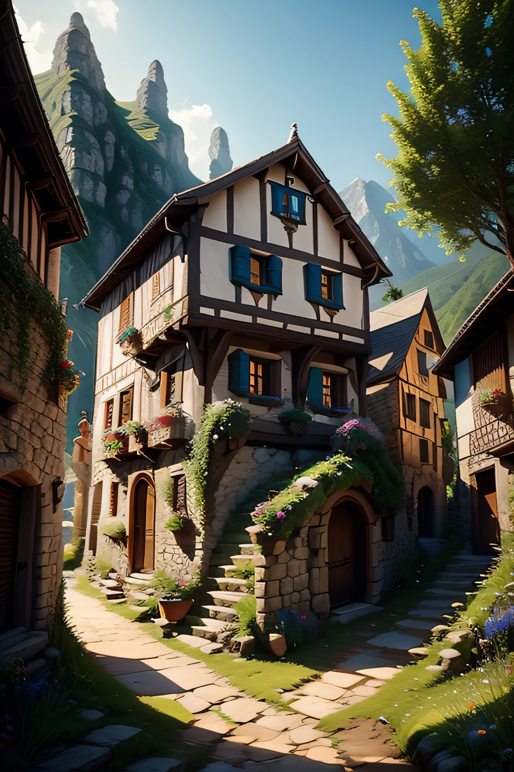 There is a small village with a lot of houses on the hill, vila medieval, Aldeia na Mata, Cidade da fantasia de Medeival, fantasy town setting, arte do jogo de fantasia medieval, cidade medieval, uma pequena vila medieval, vila pitoresca, paisagem medieval da cidade, cidade medieval, realistic fantasy rendering, Aldeias ， Motor irreal, Fenda, arte conceitual medieval, Cidade da Fantasia