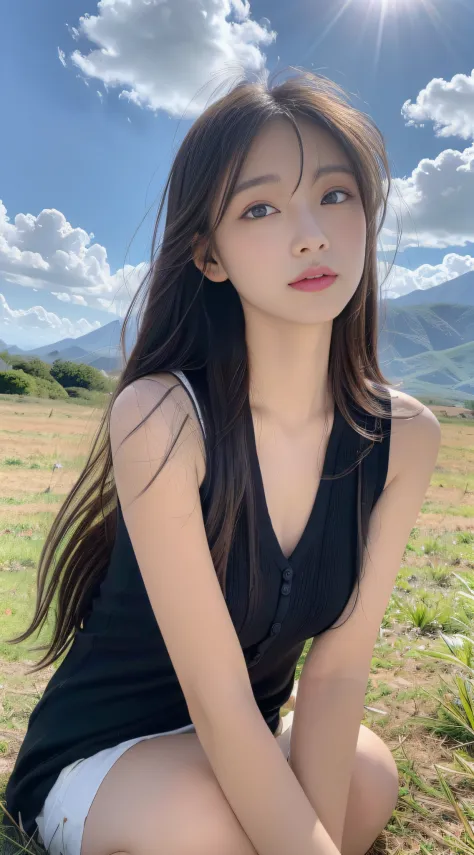 ((best quality, 8k, masterpiece:1.3)), a beautiful girl, pure, melon face, gentle and cute, thin figure, (frontal), (tilted head), looking directly into the camera, [detached sleeves::0], [collared shirt::0], [capri pants::0], black silky long straight hai...