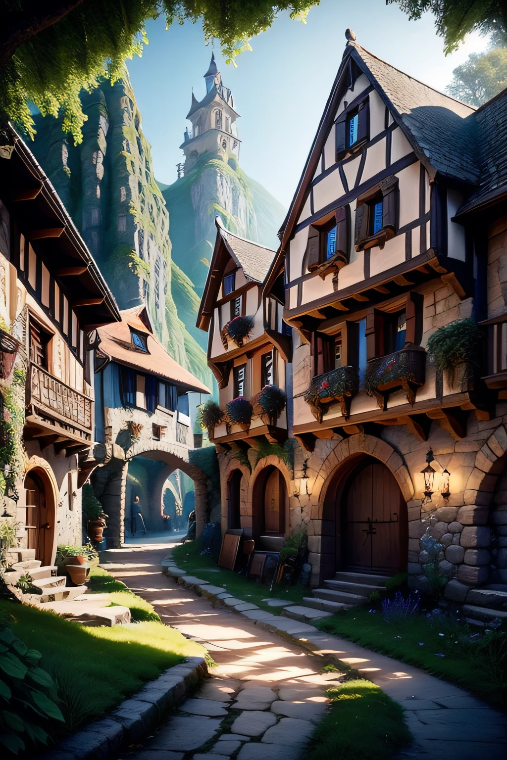 Há uma pequena aldeia com um monte de casas na colina, vila medieval, Aldeia na Mata, Cidade da fantasia de Medeival, cenário de cidade de fantasia, arte do jogo de fantasia medieval, cidade medieval, uma pequena vila medieval, vila pitoresca, paisagem medieval da cidade, cidade medieval, Renderização de fantasia realista, Aldeias ， motor irreal, Fenda, arte conceitual medieval, Cidade da Fantasia