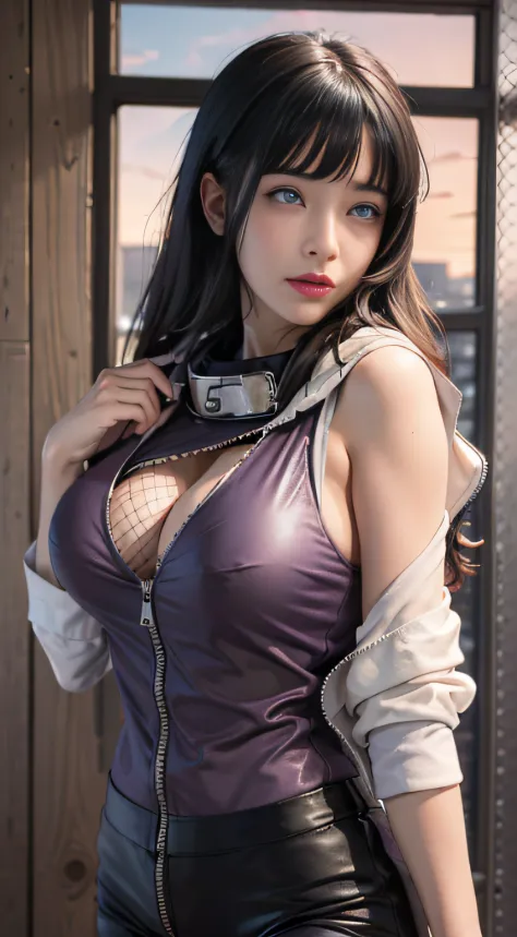 Masterpiece, highres, high Quality, detailed face, detailed body render, 1girl, solo, hyuuga hinata, hinata-sleeveless-outfit, large breasts, big breast, sleeveless shirt, fishnet top, dark lips, unzipped jacket, no bra, breasts out, nipple, standing, blus...