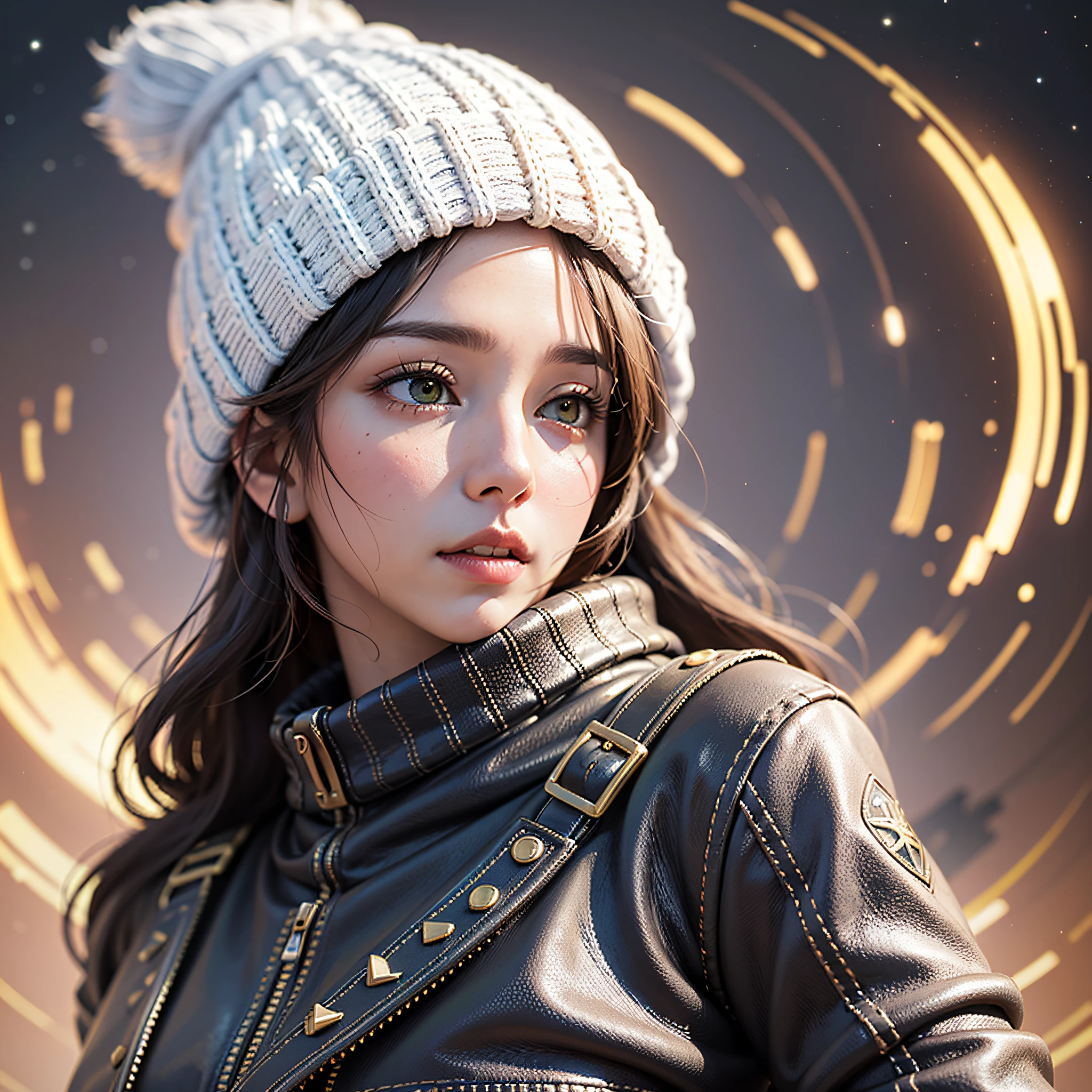 (
(8k:1.27), best quality, masterpiece, ultra highres:1.2) Photo of Pretty Japanese woman
 (beautiful:1.1) (sci-fi warrior woman:1.1) space soldier, (beanie:1.61) (leather jacket:1.21) intricate elegant, fantasy, detailed, ometric by greg rutkowski and alphonse mucha, gradient lighting