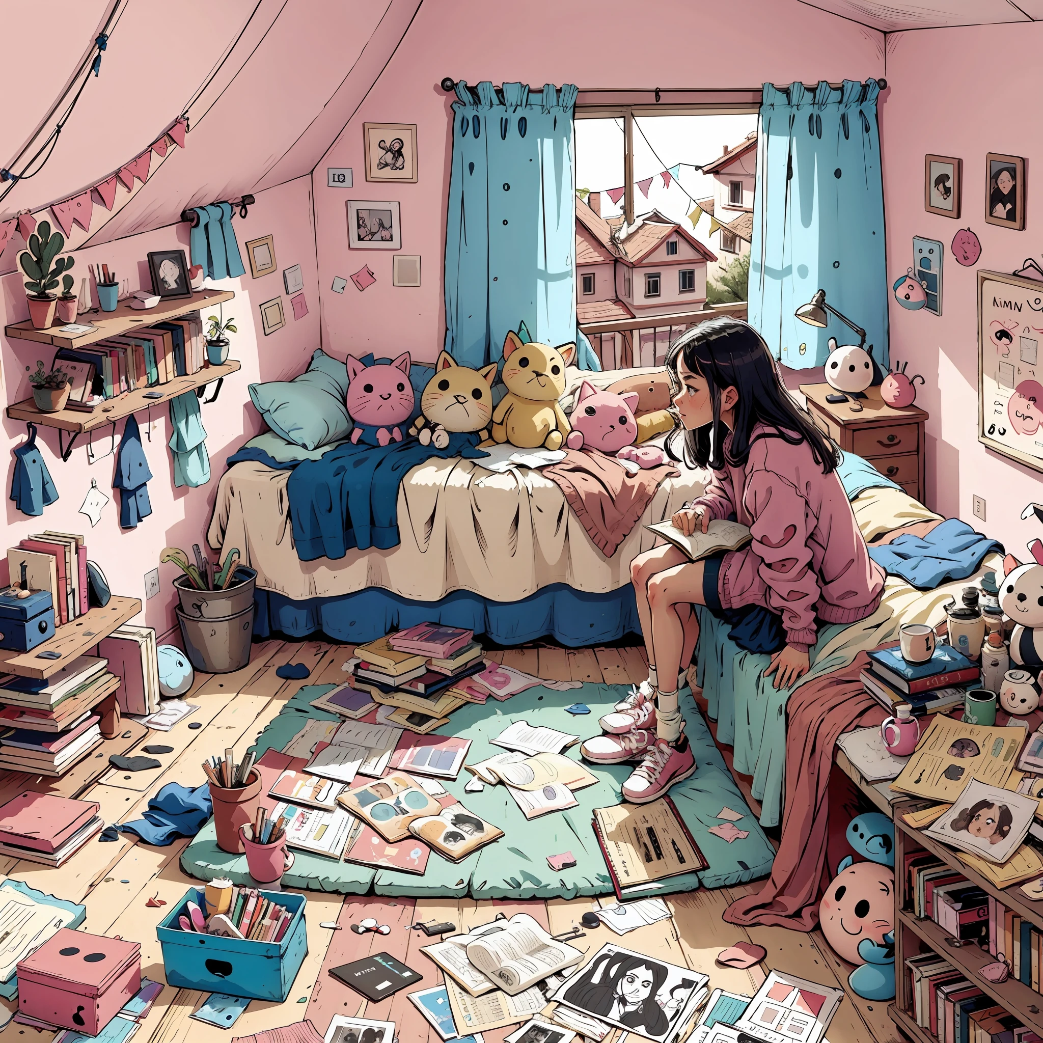 there is a drawing of a woman sitting in a messy room, in a bedroom, messy room, in a room, inside a messy room, in my bedroom, in her room, in an attic, chaotic teenage bedroom, sitting in her room, messy bedroom, cluttered room, ghostly teenager bedroom, in small room, dirty room, cluttered, a room