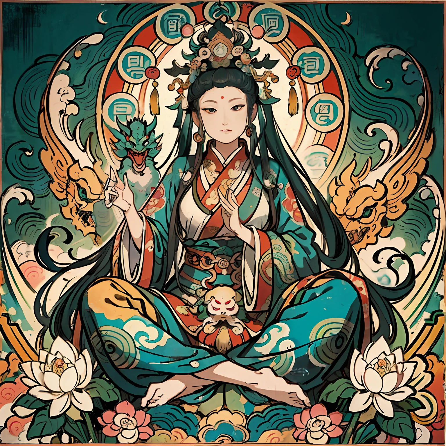 uma antiga deusa chinesa, guanyin dos mares do sul, ganhar, Inspirado na Índia, Avalokiteshvara monta um dragão,expressão serena,shui mo hua,Buda,budista,lótus,Estilo de pintura chinesa,Estilo Thangka