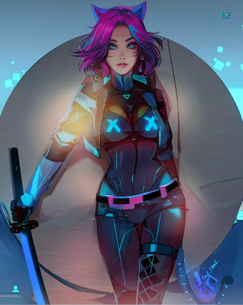 a close up of a person in a cat suit with a sword, cyberpunk art style, cyberpunk femme fatale, cyberpunk vibes, in cyberpunk st...