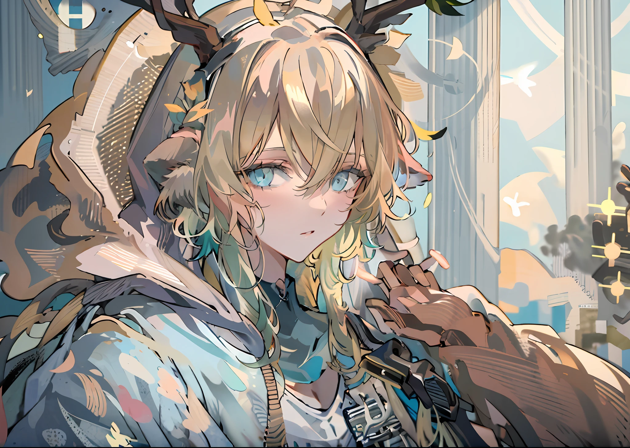 solo, 1boy, animal ears, male focus, deer ears,deerhorn, golden hair, divine clothing, hoodie, long hair, upper body, looking at viewer, bangs, aqua eyes, jewelry, hood down, triangle, blue eyes