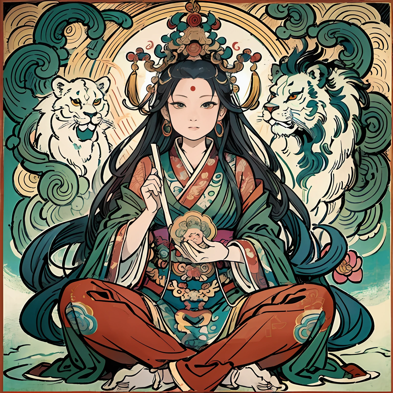 une ancienne déesse chinoise, guanyin des mers du sud, gagner, Inspiré par l&#39;Inde, Avalokiteshvara chevauche un lion,expression sereine,shui mo hua,Bouddha,bouddhiste,lotus,Style de peinture chinoise,Style thangka