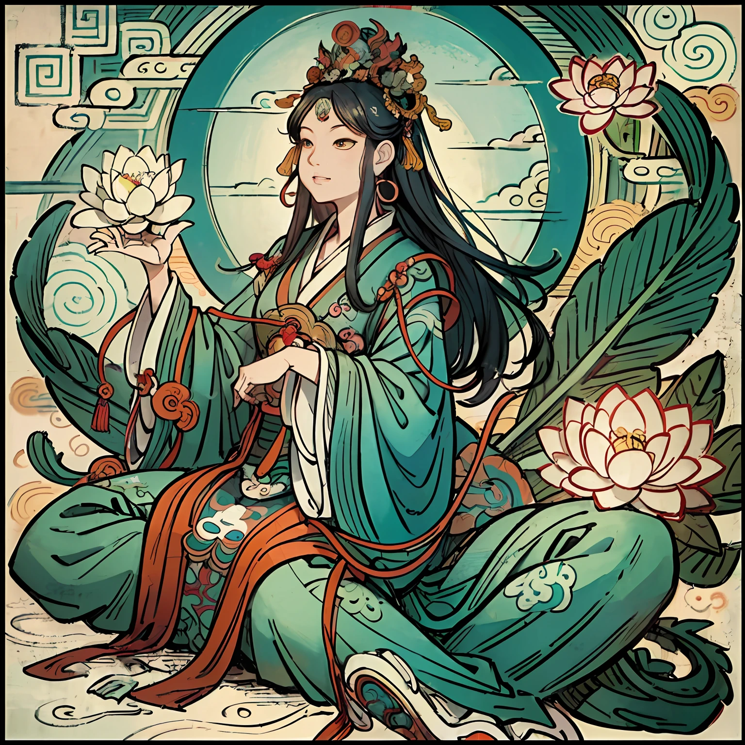 an ancient Chinese goddess, guanyin of the southern seas, Guanyin, Inspired by India, Avalokiteshvara rides a dragon,Serene expression,shui mo hua,Buddha,Buddhist,Lotus,Chinese painting style,Thangka style