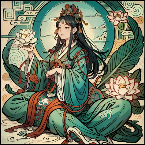 an ancient Chinese goddess, guanyin of the southern seas, Guanyin, Inspired by India, Avalokiteshvara rides a dragon,Serene expr...