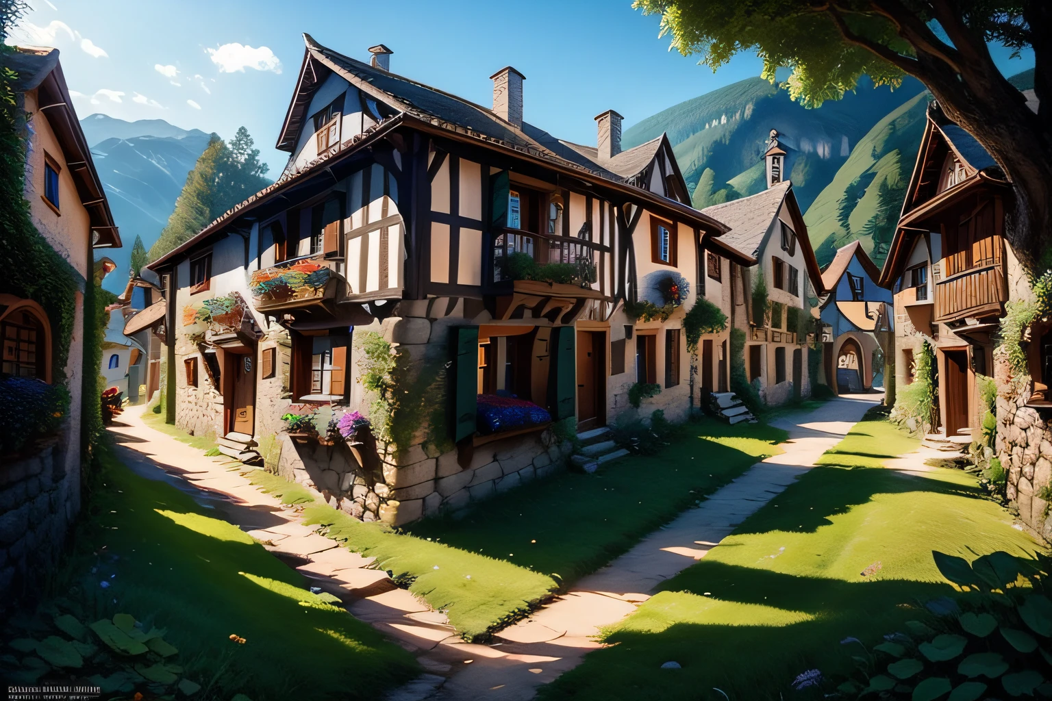 There is a small village with a lot of houses on the hill, medieval village, village in the woods, medeival fantasy town, fantasy town setting, medieval fantasy game art, medieval city, uma pequena medieval village, quaint village, medieval town landscape, medieval city, realistic fantasy rendering, villages ， engine unreal, fissure, medieval concept art, fantasy city