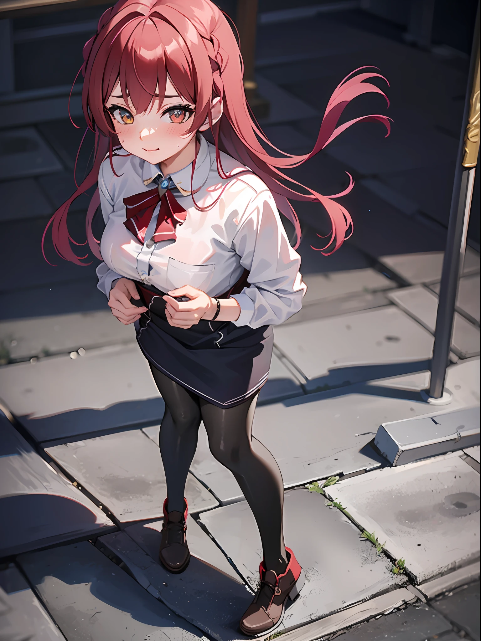 1girl, (beautiful detailed eyes), (red shinny hair), ((long hair)), detailed face, blushed, embarrassing, full body, casual wear, (beautiful hands)), sweating, on street, ((thigh high socks)), long and slim legs, detailed background, day, diffused lighting, depth of field, absurdres, high res, ultrasharp, 8K, masterpiece, looking at viewer, rich in details, best quality