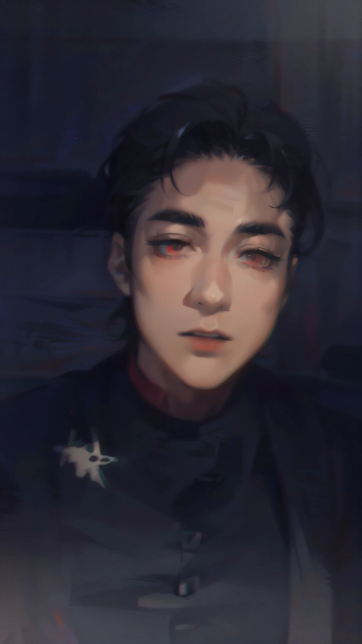 1boy, (close-up face, Masterpiece, Best quality:1.2), 8K, offcial art, absurderes, Gothic, studded black leather jacket and choker, pierced earrings, (smokey red eye shadow with glitter, glazed pinkish red lips:1.1), (Very dark red background:1.4), hdr, facelight, Ultra photo realsisim, A high resolution, Photography, cleavage, filmgrain, color difference, Sharp focus, hdr, facelight, Dynamic lighting, Cinematic lighting, professional shadow, dark shadow, highest details, extreme detailed details, Ultra detailed, finedetail, Real skin, Delicate facial features, Detailed face and eyes, Sharp pupils, Realistic pupils, (Black hair:1.4)