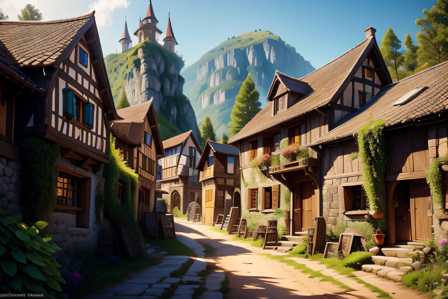 There is a small village with a lot of houses on the hill, medieval village, village in the woods, medeival fantasy town, fantasy town setting, medieval fantasy game art, medieval city, uma pequena medieval village, quaint village, medieval town landscape, medieval city, realistic fantasy rendering, villages ， engine unreal, fissure, medieval concept art, fantasy city