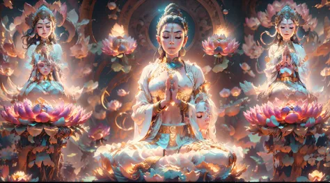 Bodhisattva in a white shirt，Guanyin Bodhisattva，Sit and meditate in a lotus pose，(raise both arms)，Raise your arms，Look at the ...