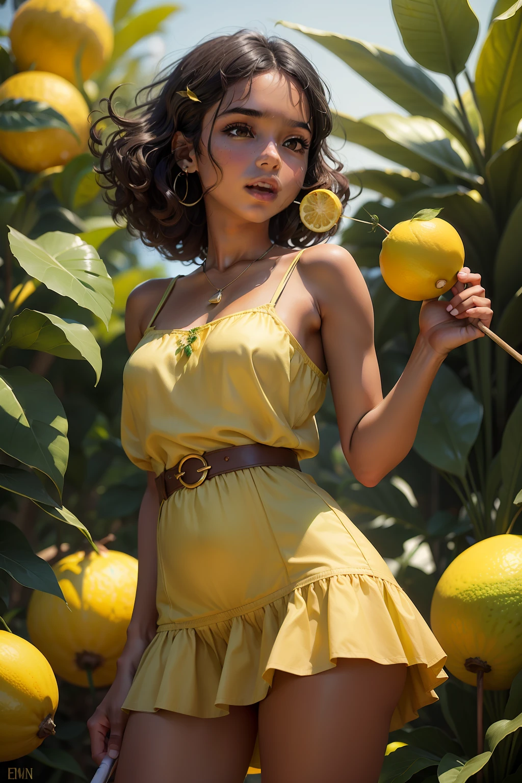 Une femme vetue d une robe jaune tenant un citron devant un tas de citrons SeaArt AI