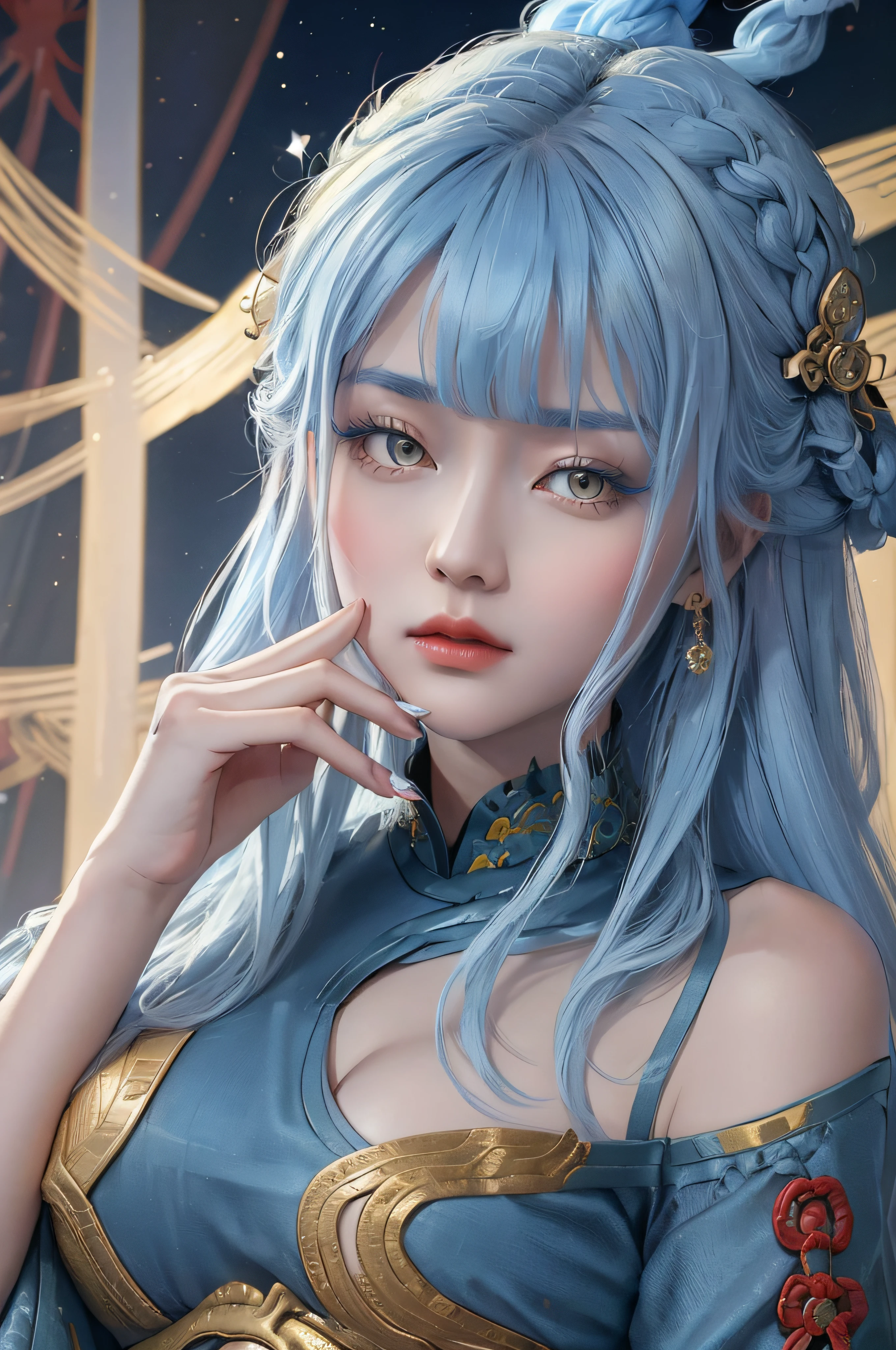 ((beautiful face)), extremely delicate facial,(best quality),(extremely detailed cg 8k wallpaper), masterpiece, an extremely del-0000((big breasts)), 1girl, solo, long hair, looking at viewer, hair ornament, dress, holding, bare shoulders, closed mouth, blue hair, yellow eyes, braid, artist name, covered navel, blue dress, chinese clothes, china dress, hand fan, folding fan, light blue hair, holding fan, Jordyn Huitema, (masterpiece,best quality:1.5), (masterpiece,best quality:1.5), Hold the fan with the right hand, the left hand does not hold the fan, Chinese imperial palace, feudal China, wooden castle, lake, (lantern), sparkling, (masterpiece,best quality:1.5), (masterpiece,best quality:1.5)