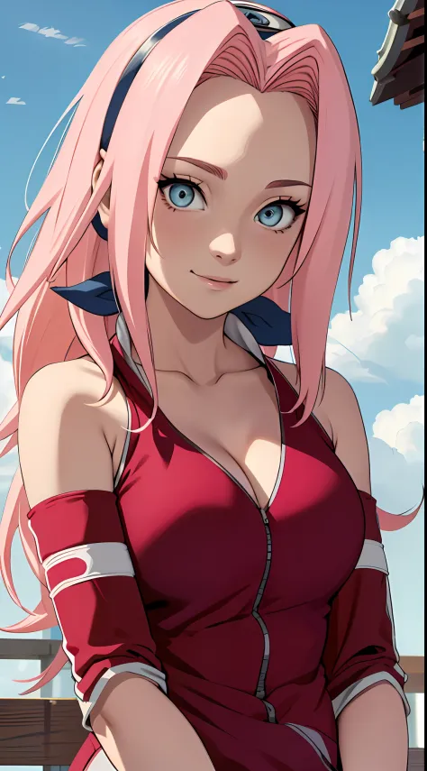 tmasterpiece， Best quality at best， 1girll， Sakura Haruno， Large breasts，Off-the-shoulder attire，（cleavage)，（upperbody closeup)，Raised sexy，is shy，with pink hair， long whitr hair， （greene eyes)， Forehead protection， ssmile， blue-sky， Clouds， Hidden village