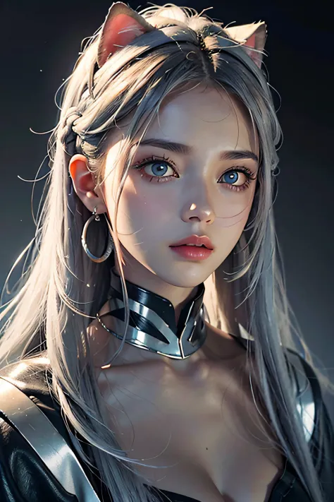 a 20 yo woman，（high-top fade：1.3），long whitr hair，dark themes，soothing tones，pastel colour，hight contrast，（Natural skin texture，ultra-realistic realism，the soft light，sharp），Blue cat's eye pupils