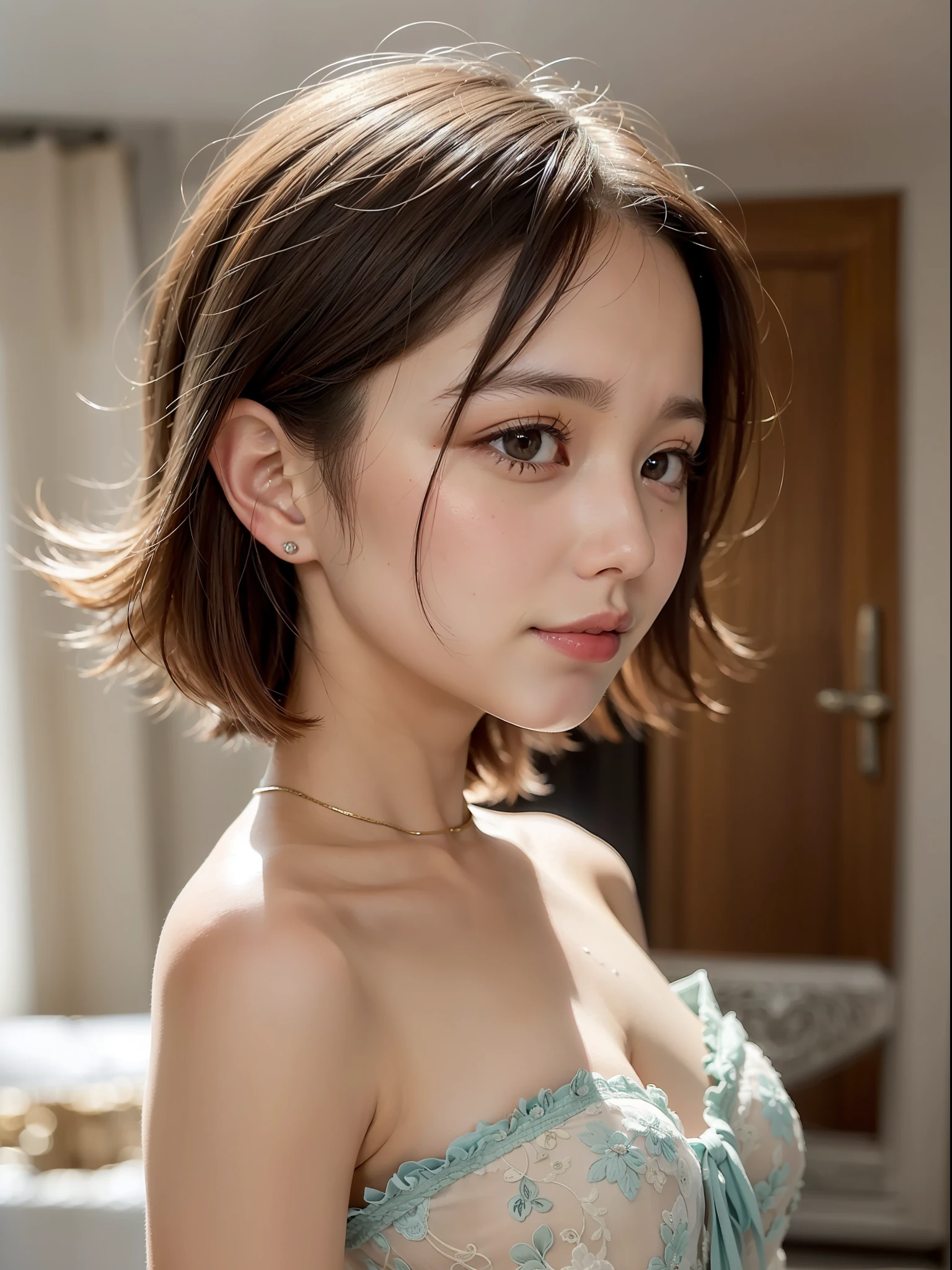 ((of the highest quality, 8K, masutepiece: 1.3, Raw photo)), Sharp Focus: 1.2, (1 AESPA Girl :1.1), (Solo), (Realistic, Photorealistic: 1.37), (Face Focus: 1.1), Cute face, hyperdetailed face, (Small breasts, flat chest: 1.3), brunette Short messy hair, Small Smile, Hotel Suite of Rooms, (sheer fabric:1.2), (loose:1.2), pastel color lace strapless dress, ((puffy eyes)), deep shadow, deep contrast, bokeh, depth of field, from below