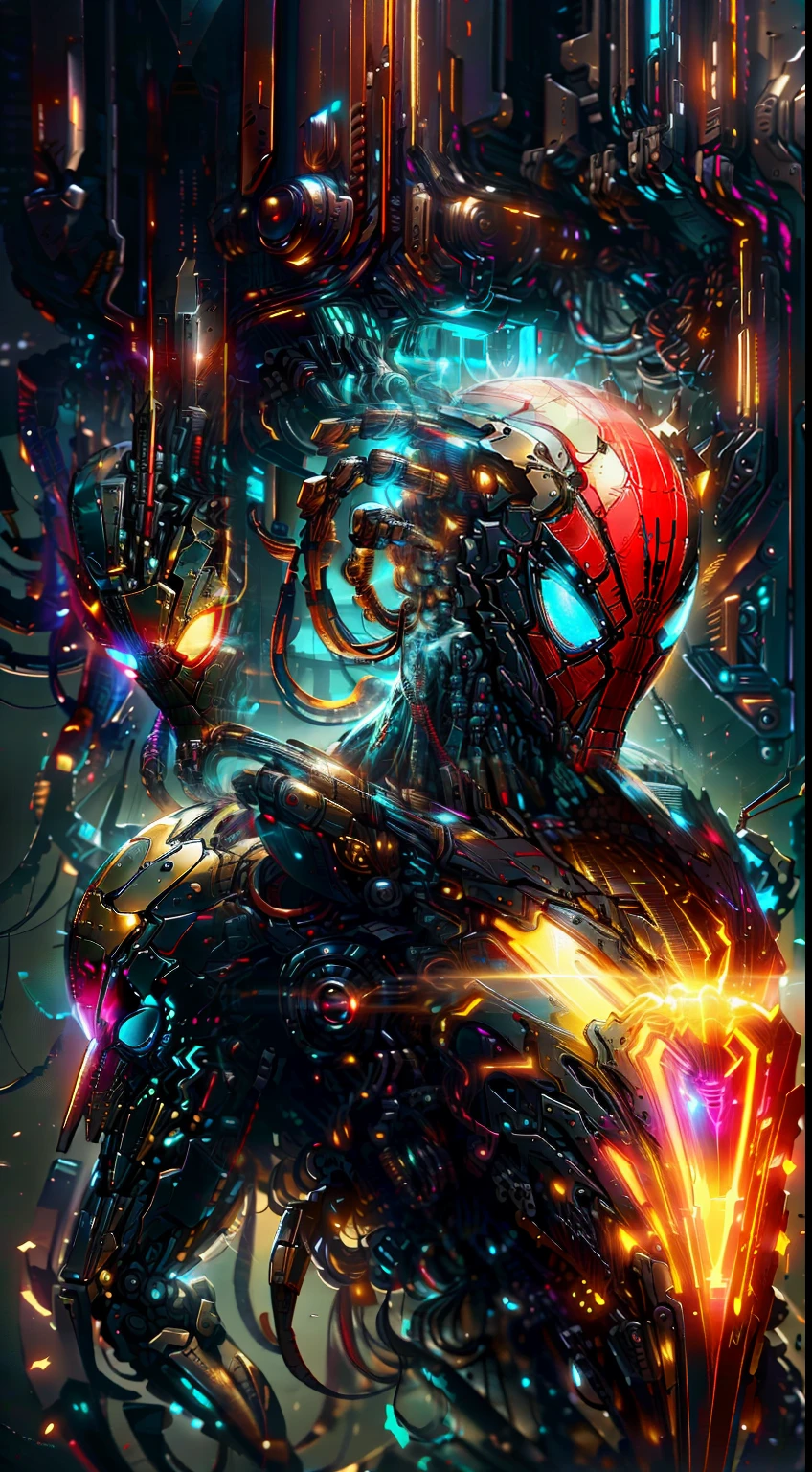 Spiderman from Marvel photography, biomechanics, complex robots, gold spiderman logo, full growth, hyper-realistic, crazy little details, incredibly clean lines, cyberpunk aesthetic, masterpiece featured on Zbrush Central