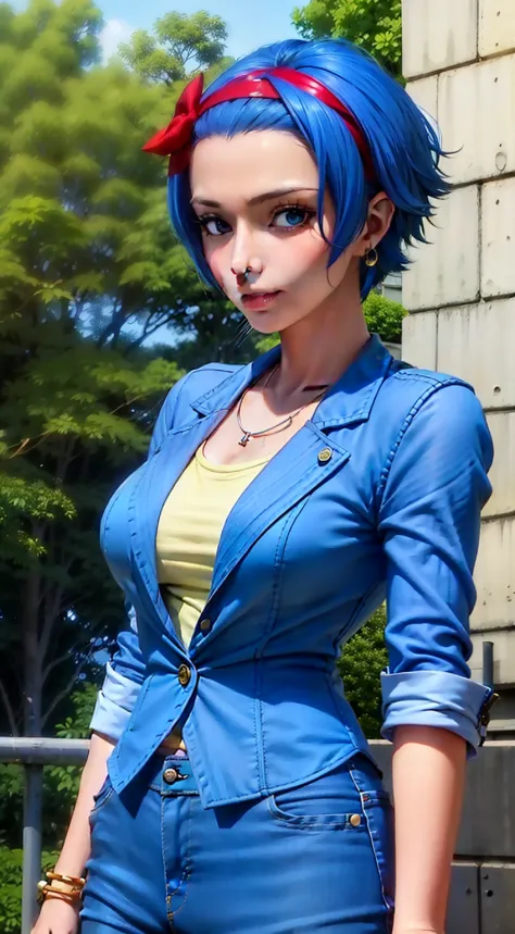 nojiko from anime one piece, short hair, blue hair, beautiful, beautiful woman, wears earrings, wears a watch on her left hand, ...