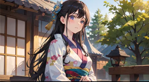1girl in、​masterpiece、in 8K、semi - realistic、4K、nffsw、Shaders、Brilliant Textured Work、hime、kimono、A dark-haired