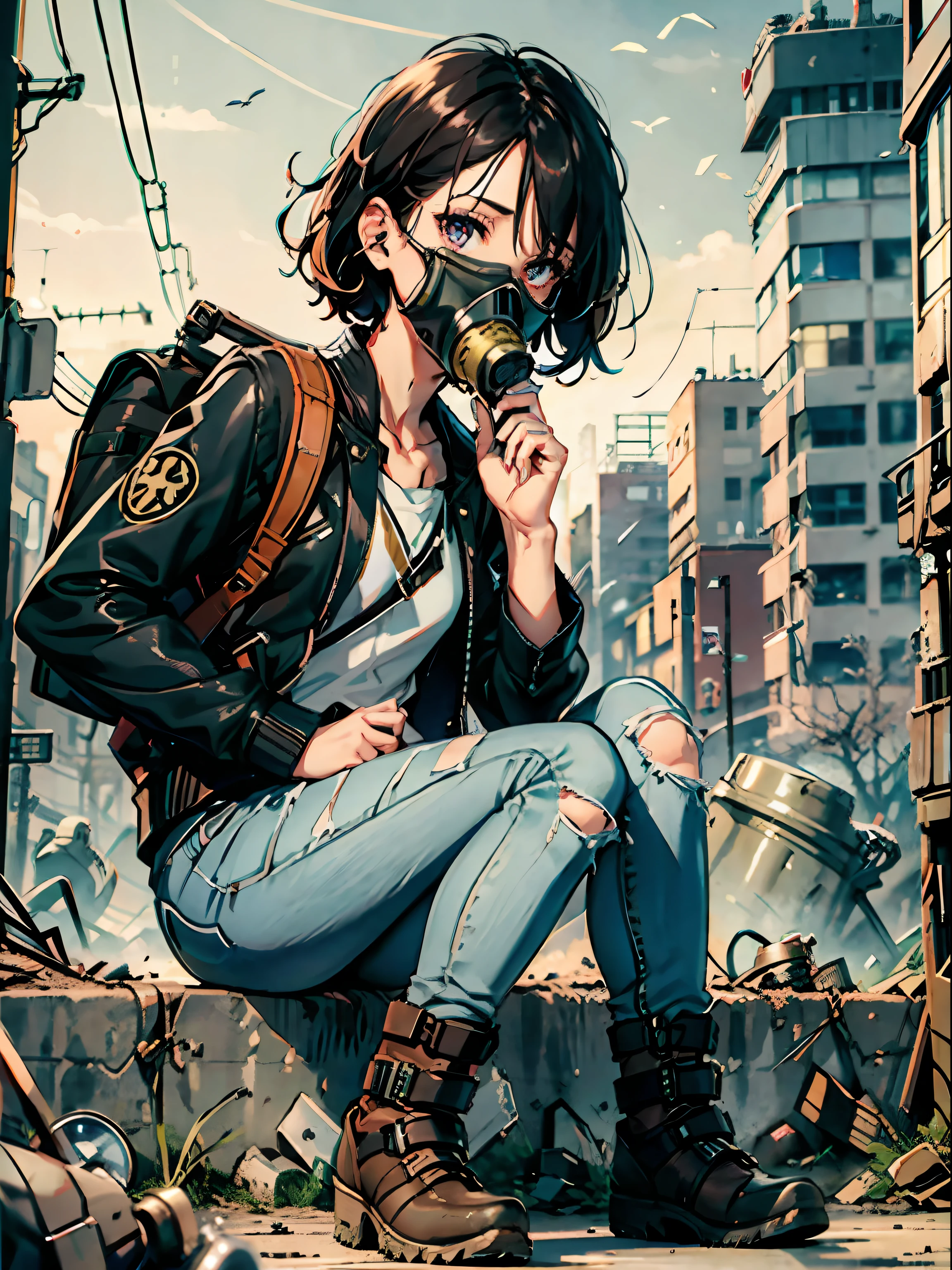 1girl in, (Solo:1.2), [slim], (Small chest), pale skin, ((Detailed eyes)), (bokeh effects), (Dynamic Angle), Dynamic Pose, (deserted city、[JR Utsunomiya Station］Signs of 1.3), Short curly hair, Leather jacket, Ripped jeans, High boots, (backpack), knife holder, (a gas mask:1.2), (ruined buildings), (dark and cloudy sky), Dirty hair, (Wasteland:1.3), Dirty hair, radio, ((masutepiece))