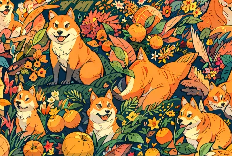 cute shiba inu，wearing clothes in the shape of oranges,flowers and birds next to it, fantasy，whimsically，the sunset，autumn high，...