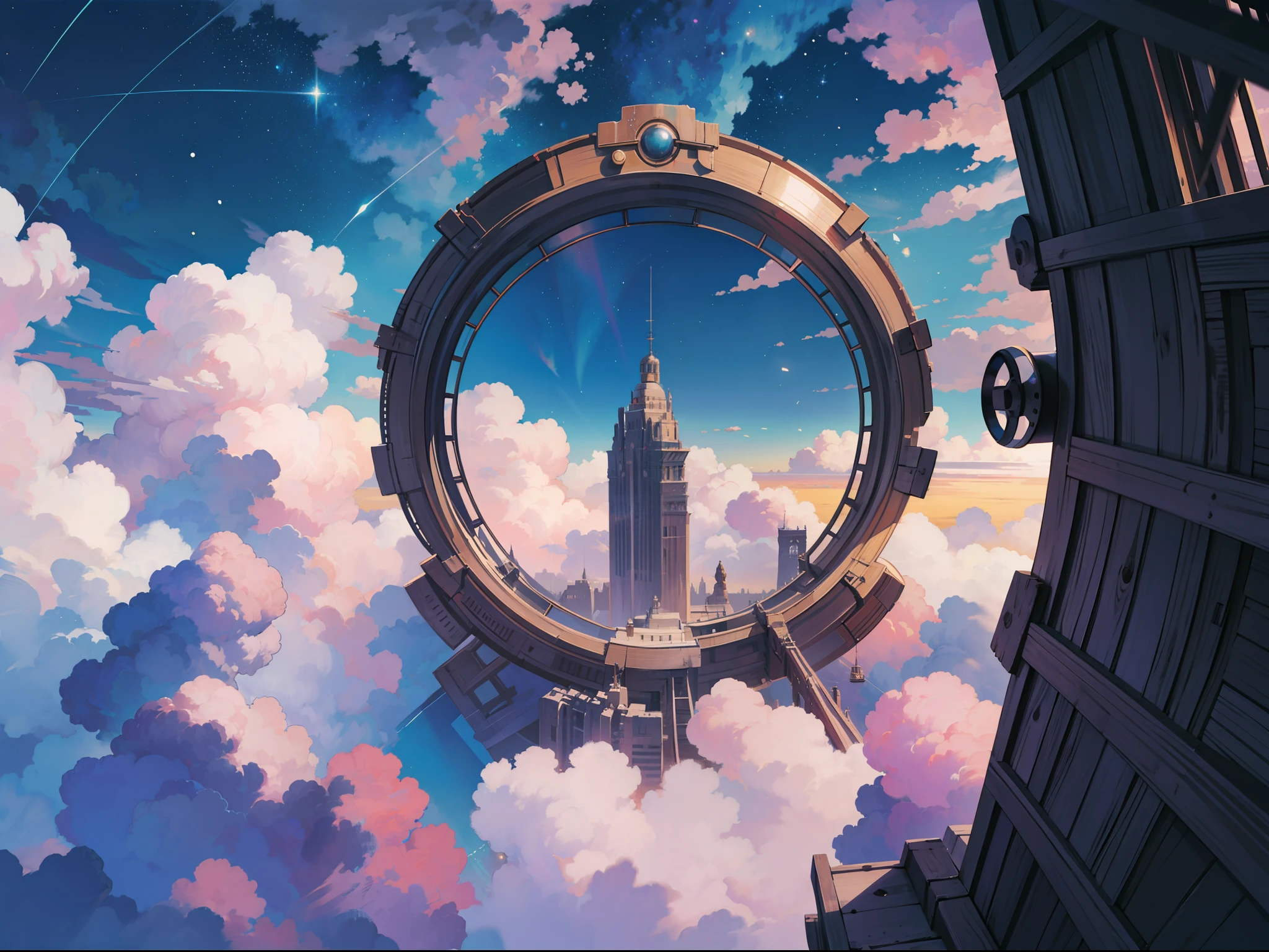 （levitating：1.5），（A huge double-ring steampunk city floating in space：1.3），（Illuminate the futuristic steampunk city：1.4），（Thick clouds：1.4），（Estilo de Makoto Shinkai：1.4），Rejoice，Perfect quality，Clear focus（Clutter - home：0.8）， （tmasterpiece：1.2）， （realisticlying：1.2） ，（with light glowing：1.2）， （best qualtiy）， （detailed  starry sky：1.3） ，（complexdetails）， （8K）， （Detail meteor） ，（Sharp focus），（having fun），（Award-winning digital artwork：1.3） af （sketching：1.3），（with dynamism：1.3）,studiolight,Theme，looking from above, the space, afloat， --v 6