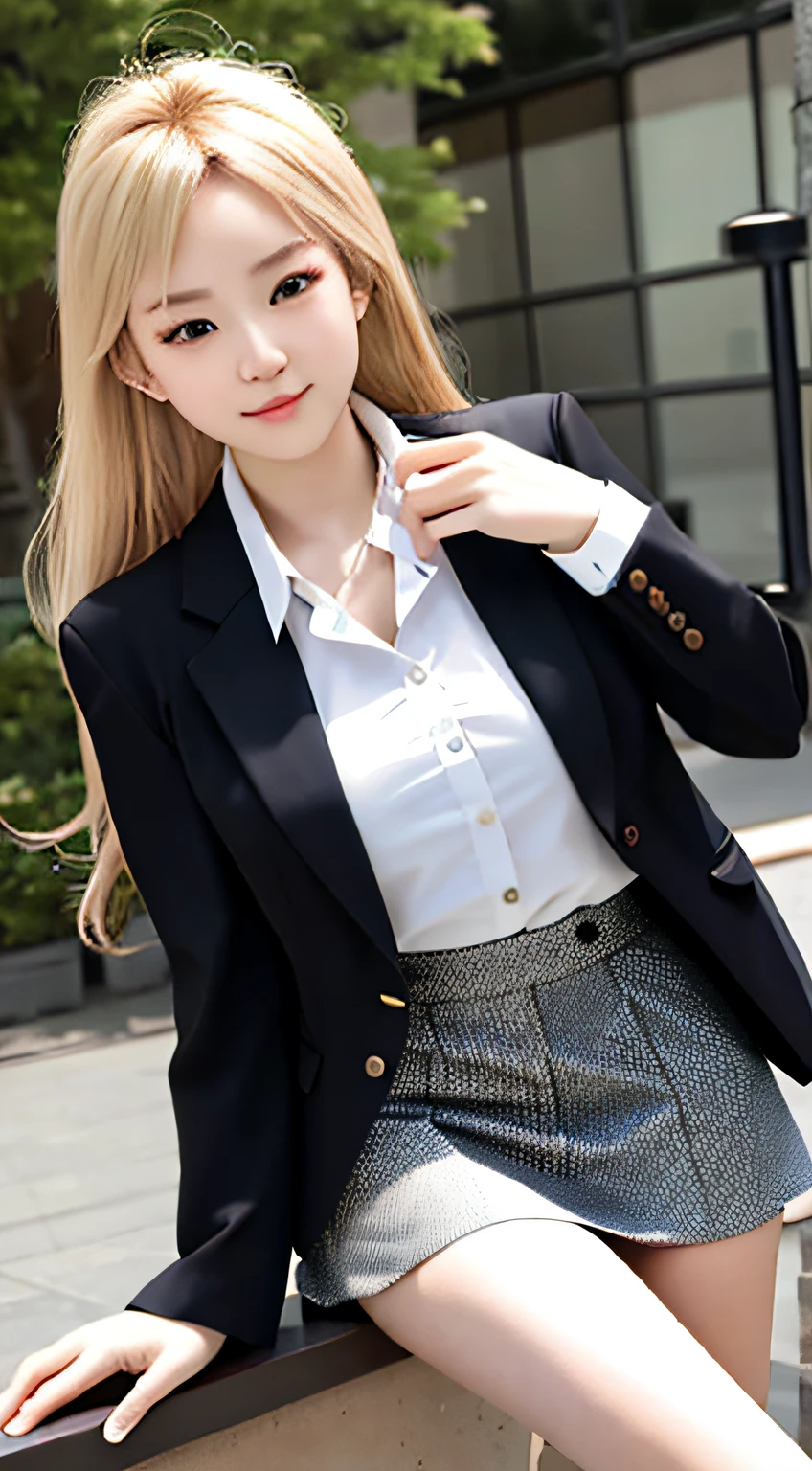 best quality, masterpiece, 1girl, Beautiful face, (blonde hair), (photo realistic:1.3), rim lighting, (high detailed skin:1.2), 8k uhd, dslr, high quality, high resolution, 4k, 8k, Bokeh,  absurdres, best ratio four finger and one thumb, (realistic:1.3), ulzzang, cute kawaii 1girl, wearing black formal blazer, medium breasts, short skirt,