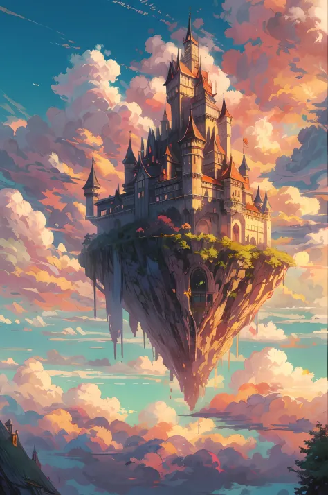 Anime castle floating in the sky，The background is sunset, flying cloud ...