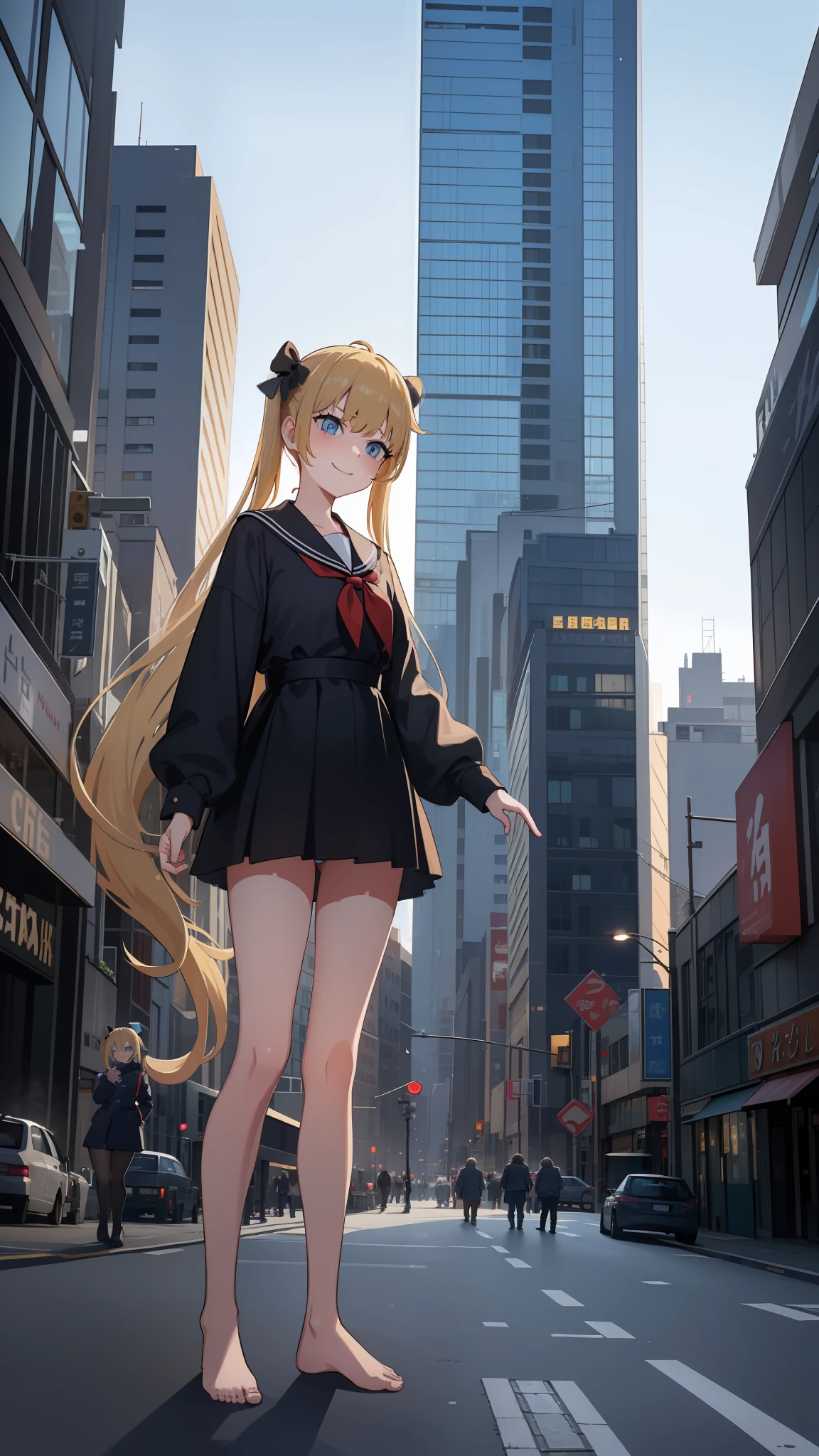 hiquality, tmasterpiece (One girl  Hidal) Height above sea level 1 km. blonde hair with two long ponytails and a rizinka on the ponytails, blue eyes, canny smile, panty, bare feet. Against the backdrop of street mourning for the city in the park. giantess. The city. building