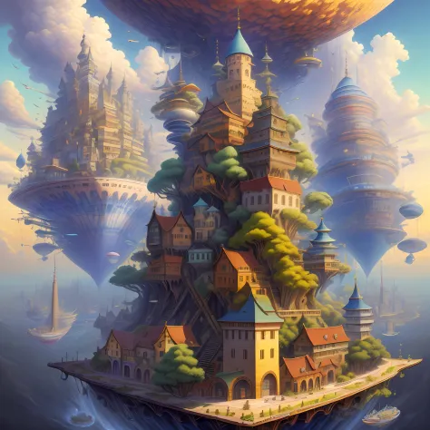 (Masterpiece:1,2), Best quality, Masterpiece, A high resolution,(Extremely detailed CG:1.2), best qualtiy，sky cities，Stack the city AI castle，illustratio